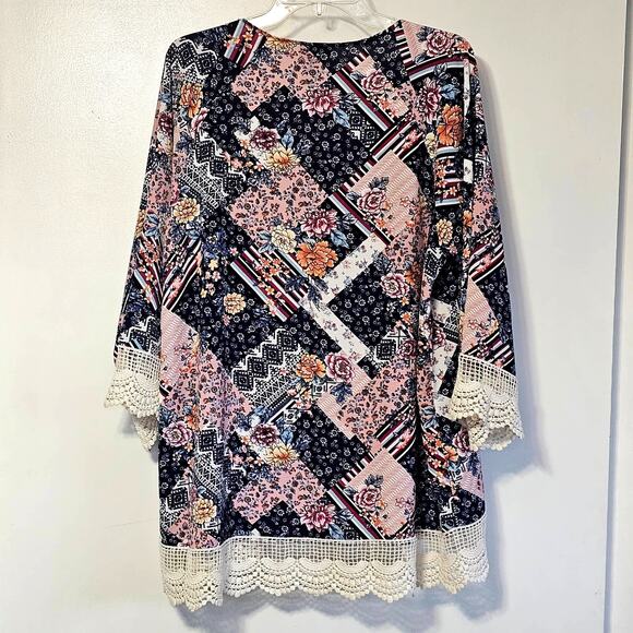 Wrangler Boho Western Patchwork Cardigan-Lace Trim, Open Front, Lightweight, Lg - Picture 2 of 7